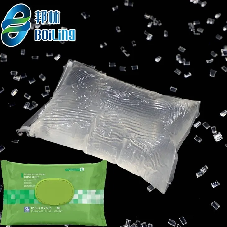 Nam salfetkalar qopqog'ini yopishtirish uchun issiq eritma yopishtiruvchi